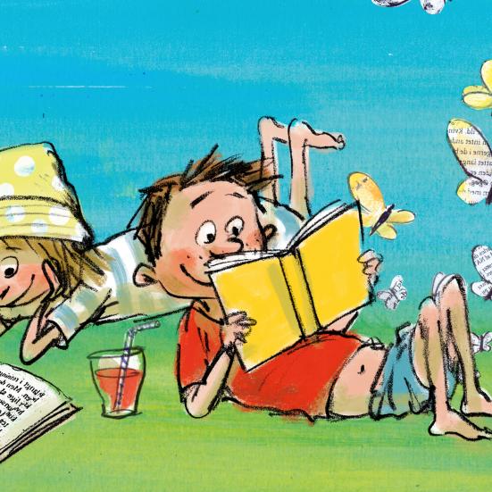 Tegning af børn der ligger og læser