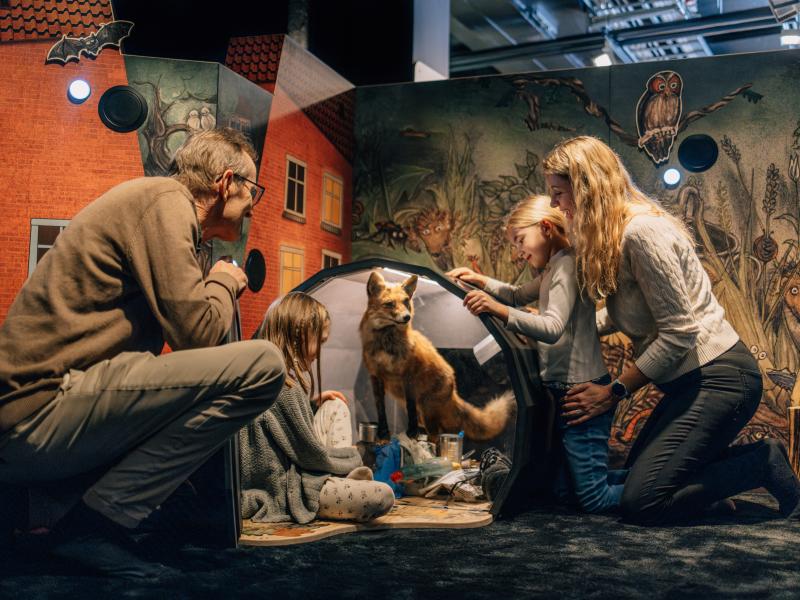 Familie med udstoppet ræv.